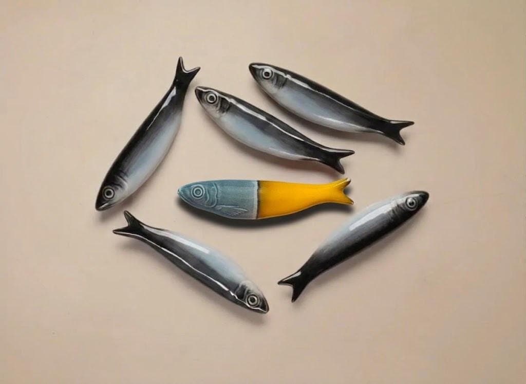 Set of Six Glazed Ceramic Sardines Yellow