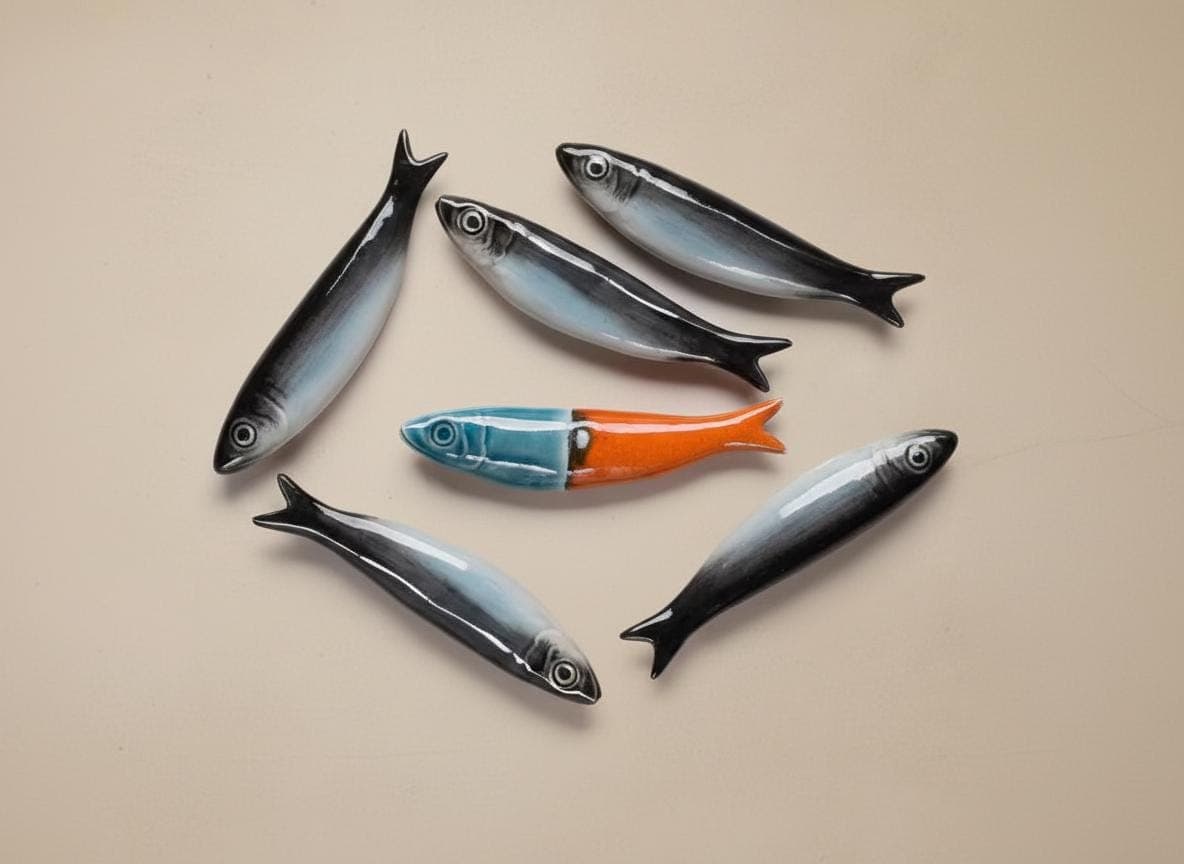 Set of Six Ceramic Sardines Orange Blue