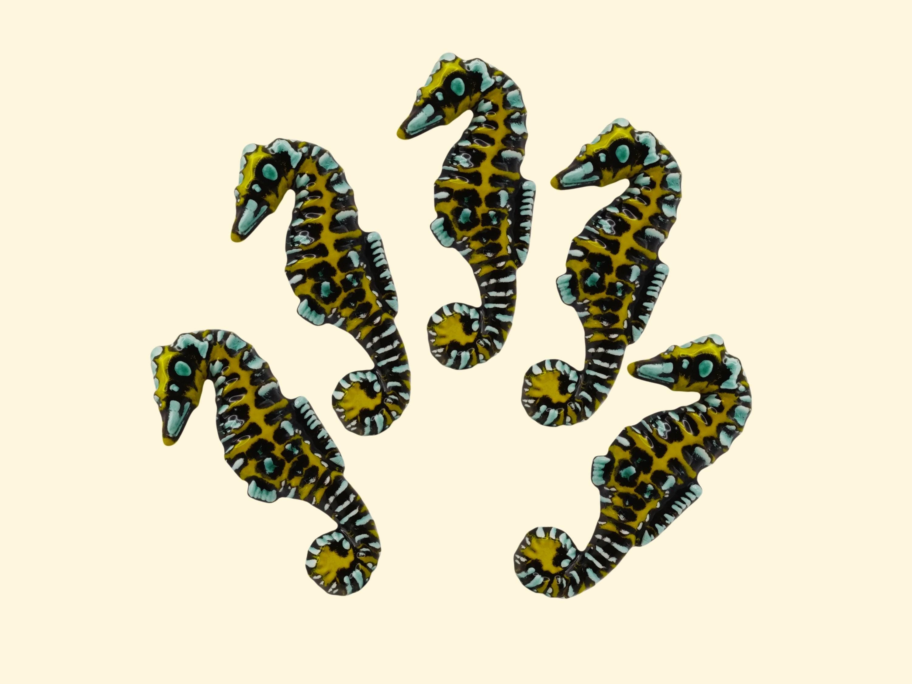 Set of Five Yellow & Black Ceramic Seahorses